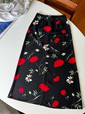Bettie Page Black Midi Skirt with Red and White Floral Print